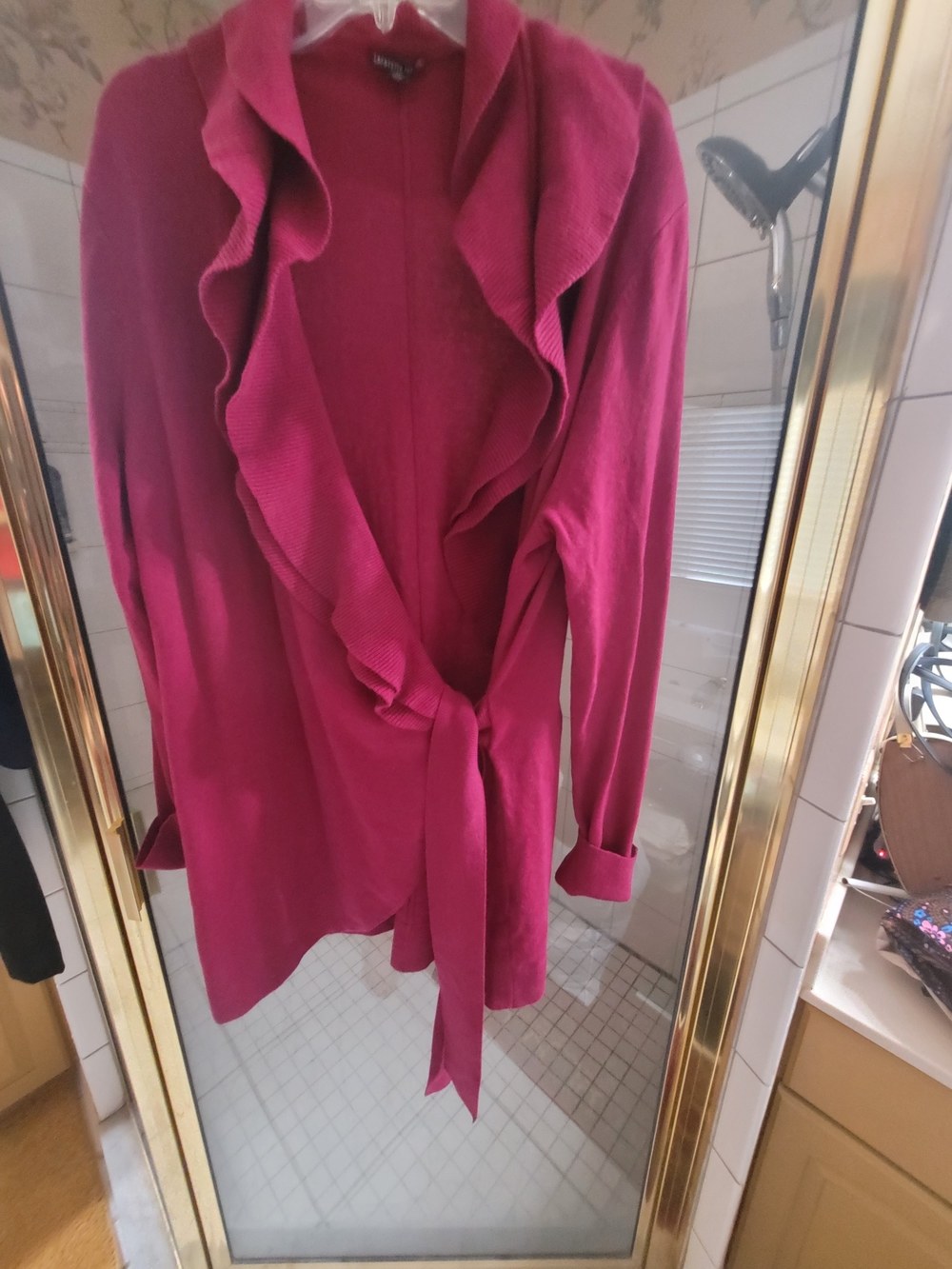 Lafayette 148 Magenta Ruffled Tie-Waist Cardigan